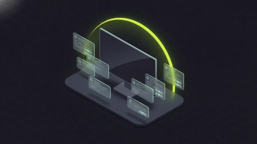 Isometrische Vektor-Illustration: Monitor mit futuristischem E-Mail-Marketing UI, Neon-Grün-Glow