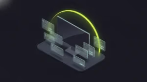 Isometrische Vektor-Illustration: Monitor mit futuristischem E-Mail-Marketing UI, Neon-Grün-Glow