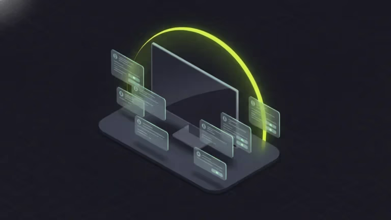 Isometrische Vektor-Illustration: Monitor mit futuristischem E-Mail-Marketing UI, Neon-Grün-Glow