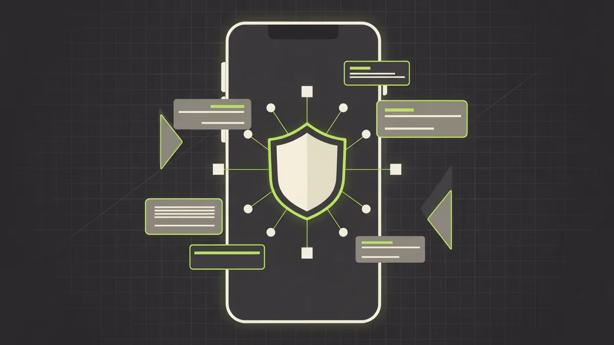 Mobile‑First, Datenschutz und KI Symbole neben KPI-Karten zur Conversion Rate Analyse