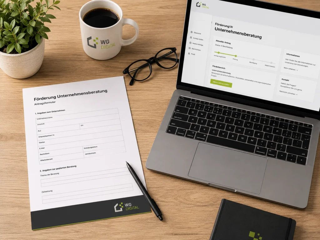 Antrag für geförderte Unternehmensberatung mit Laptop und Notizen auf Schreibtisch