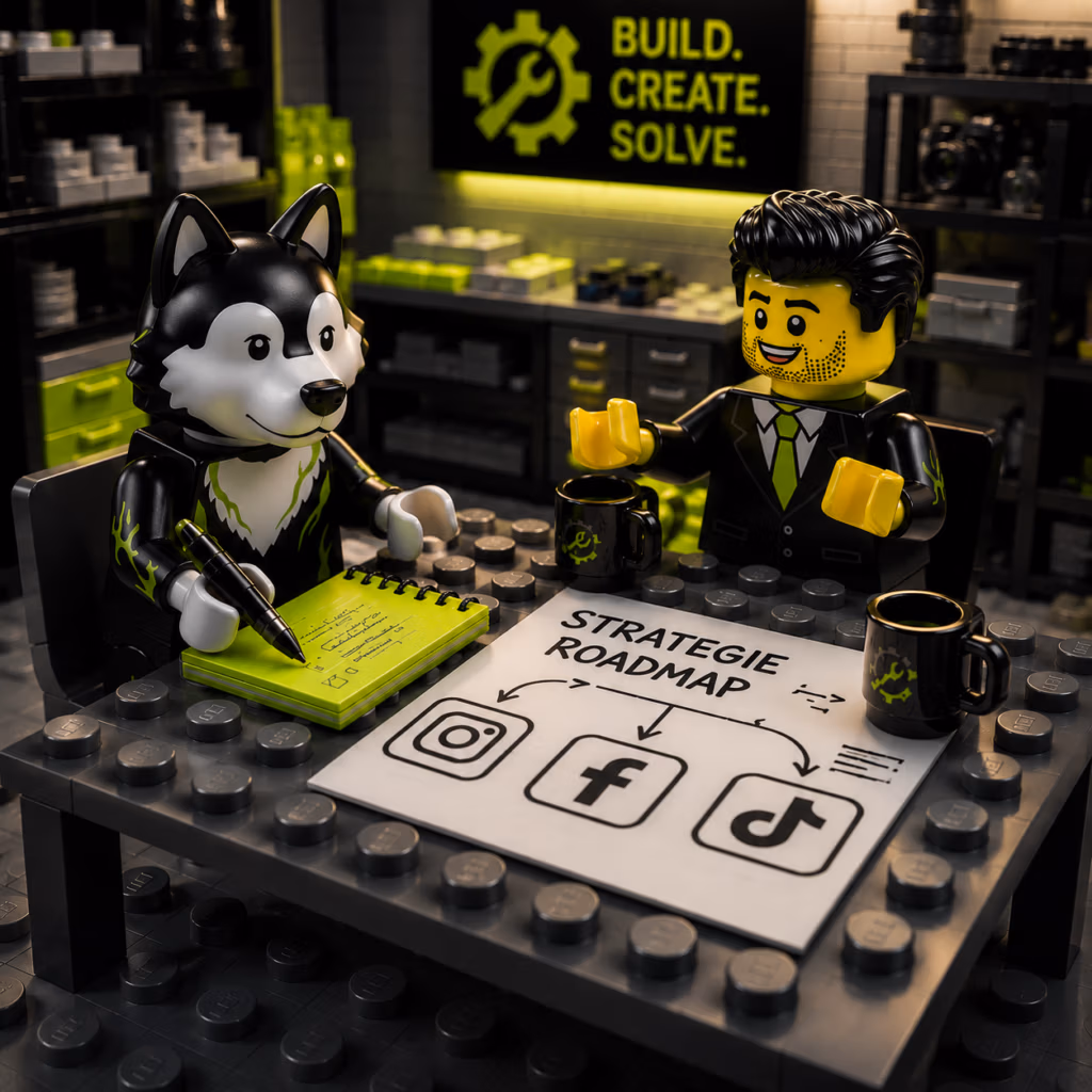 Lego-Welt-Darstellung des Erstgesprächs mit Strategie-Roadmap auf dem Tisch.