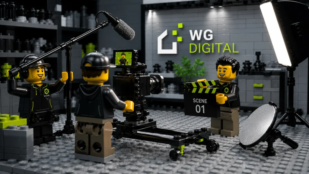 Lego-Welt-Darstellung eines Videomarketing-Drehtags: Filmcrew mit Kamera, Mikrofon und Klappboard.