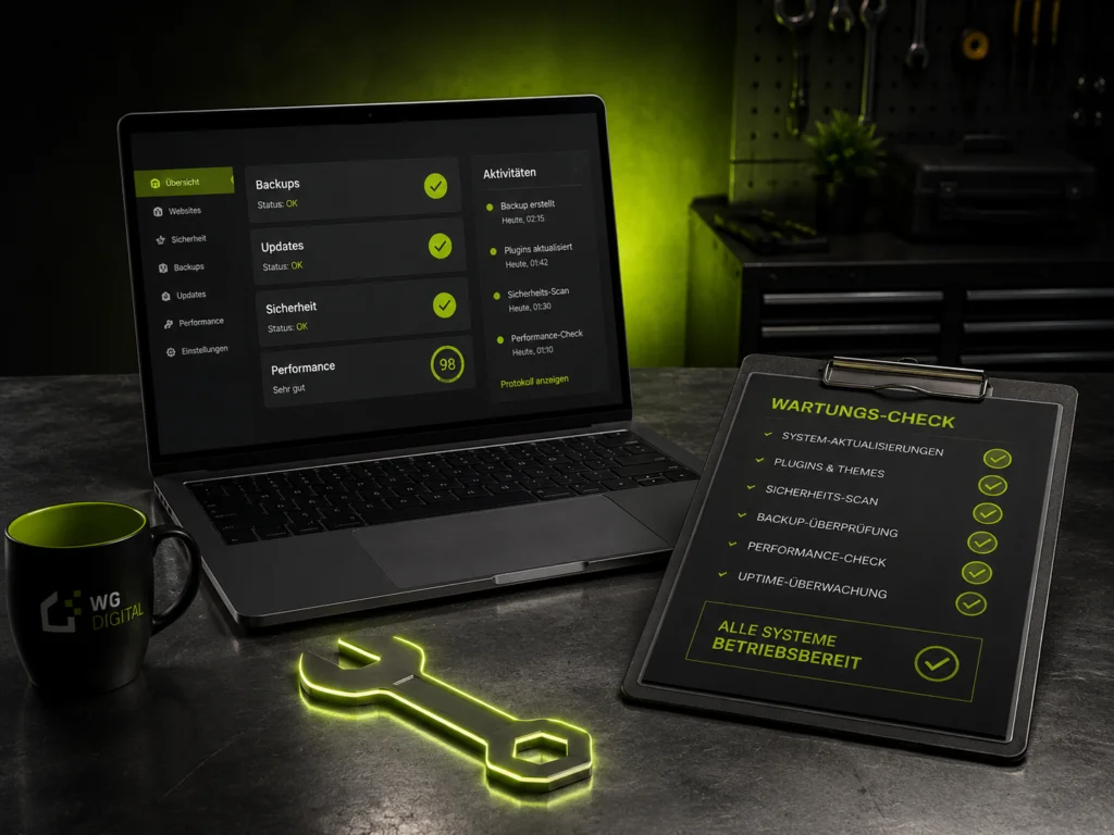 Sinnbild für regelmäßige WordPress-Pflege: Dashboard mit erfolgreichen Updates und Backups