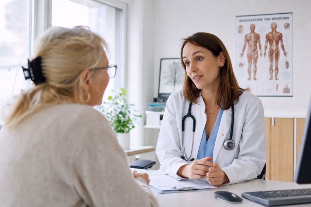 Praxismarketing für Arztpraxen: Ärztin im Gespräch mit einer Patientin in heller Praxis