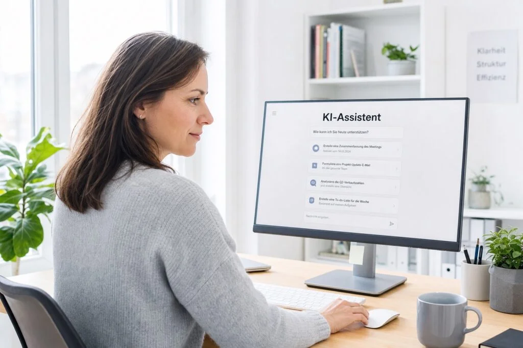 KI-Beratung im Mittelstand: Mitarbeiterin nutzt einen KI-Assistenten am hellen Arbeitsplatz