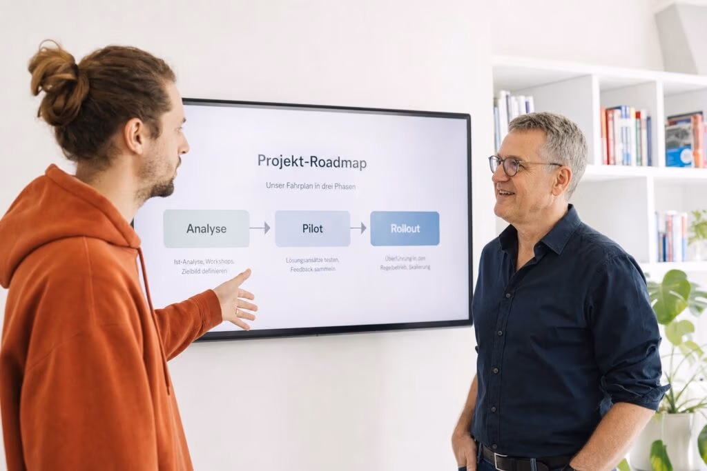 KI im Unternehmen einführen: Team bespricht die KI-Roadmap mit Analyse, Pilot und Rollout
