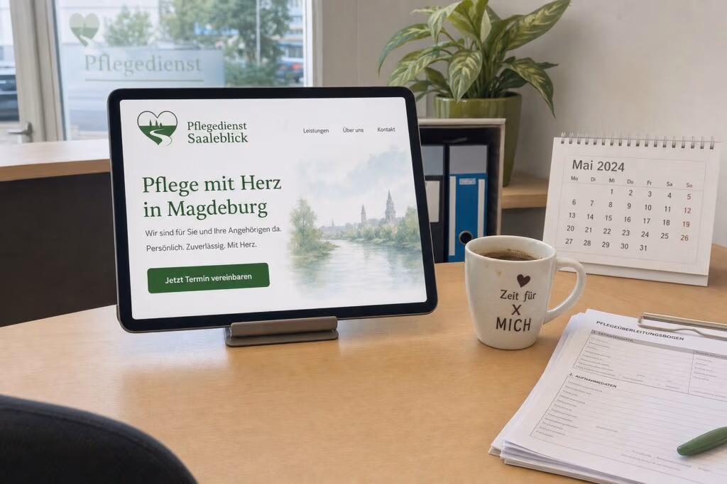 Fokussiertes Landingpage Design auf einem Tablet im Pflegedienst-Büro in Magdeburg