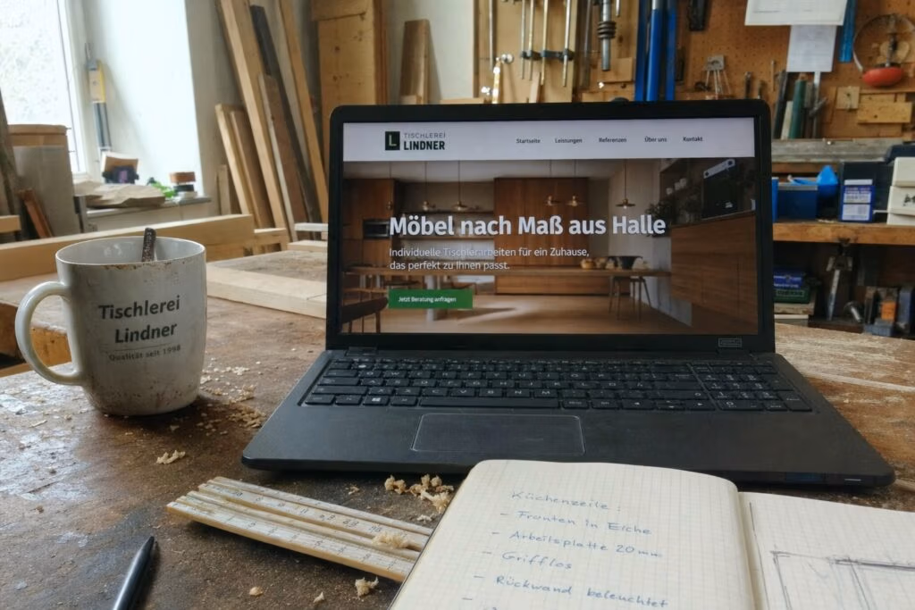 Landingpage Design auf einem Laptop in der Tischlerei Lindner in Halle