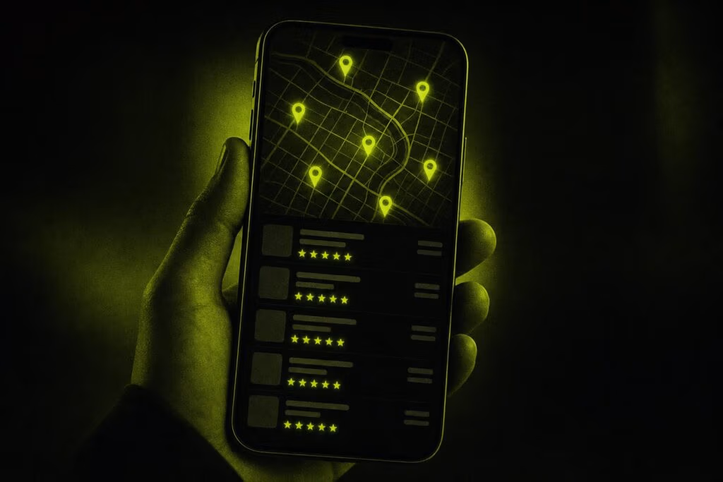 Smartphone mit lokaler Google-Suche, Standort-Pins und 5-Sterne-Bewertungen im Lime-Duotone
