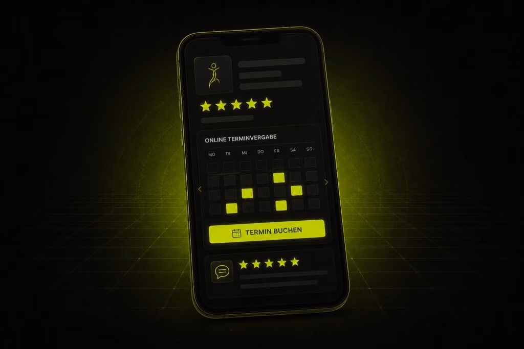 Smartphone mit Online-Terminbuchung und 5-Sterne-Bewertungen einer Physiotherapie-Praxis – Marketing für Physiotherapie
