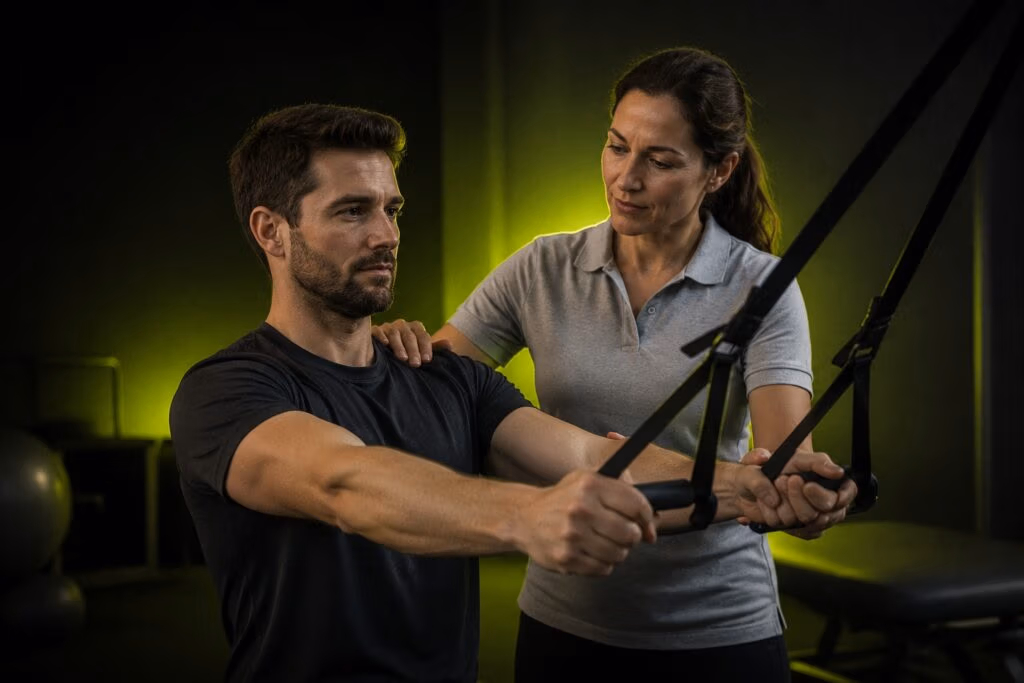Physiotherapeutin trainiert Patient am Schlingentrainer – Marketing für Physiotherapie für mehr Termine