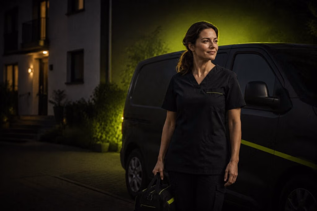 Pflegekraft mit Pflegetasche vor dunklem Pflegemobil mit Lime-Schein – Pflegedienst-Werbung lokal