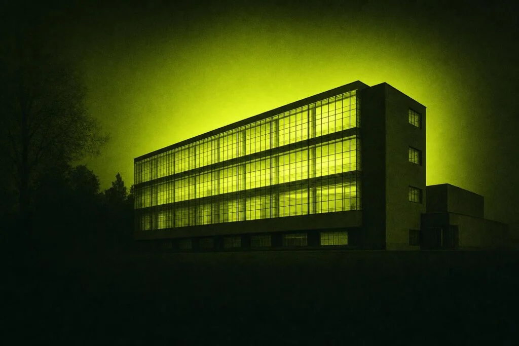 Bauhaus Dessau bei Nacht mit leuchtender Glasfassade im Lime-Duotone – Werbeagentur Dessau-Roßlau