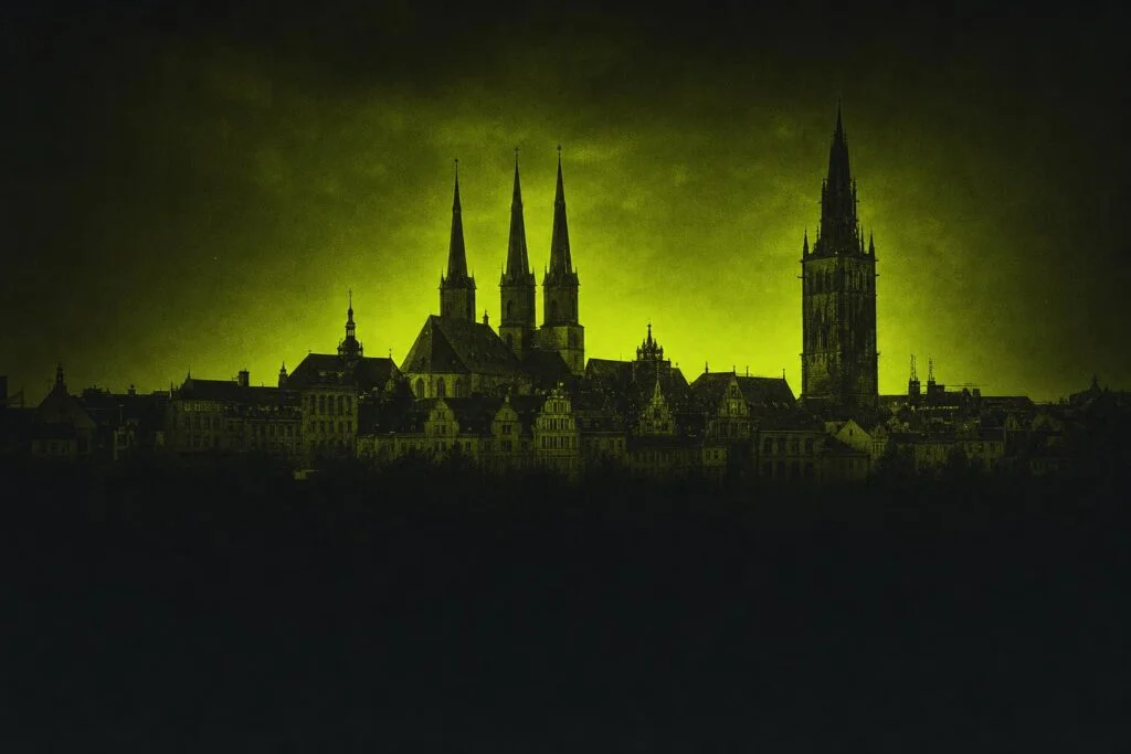 Silhouette von Halle (Saale) mit Marktkirche und Rotem Turm im Lime-Duotone – Werbeagentur Halle