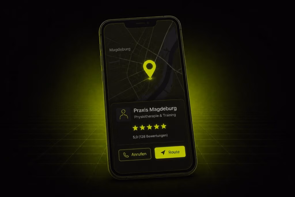 Smartphone mit lokaler Google-Suche einer Magdeburger Praxis und 5-Sterne-Bewertungen – Werbeagentur Magdeburg