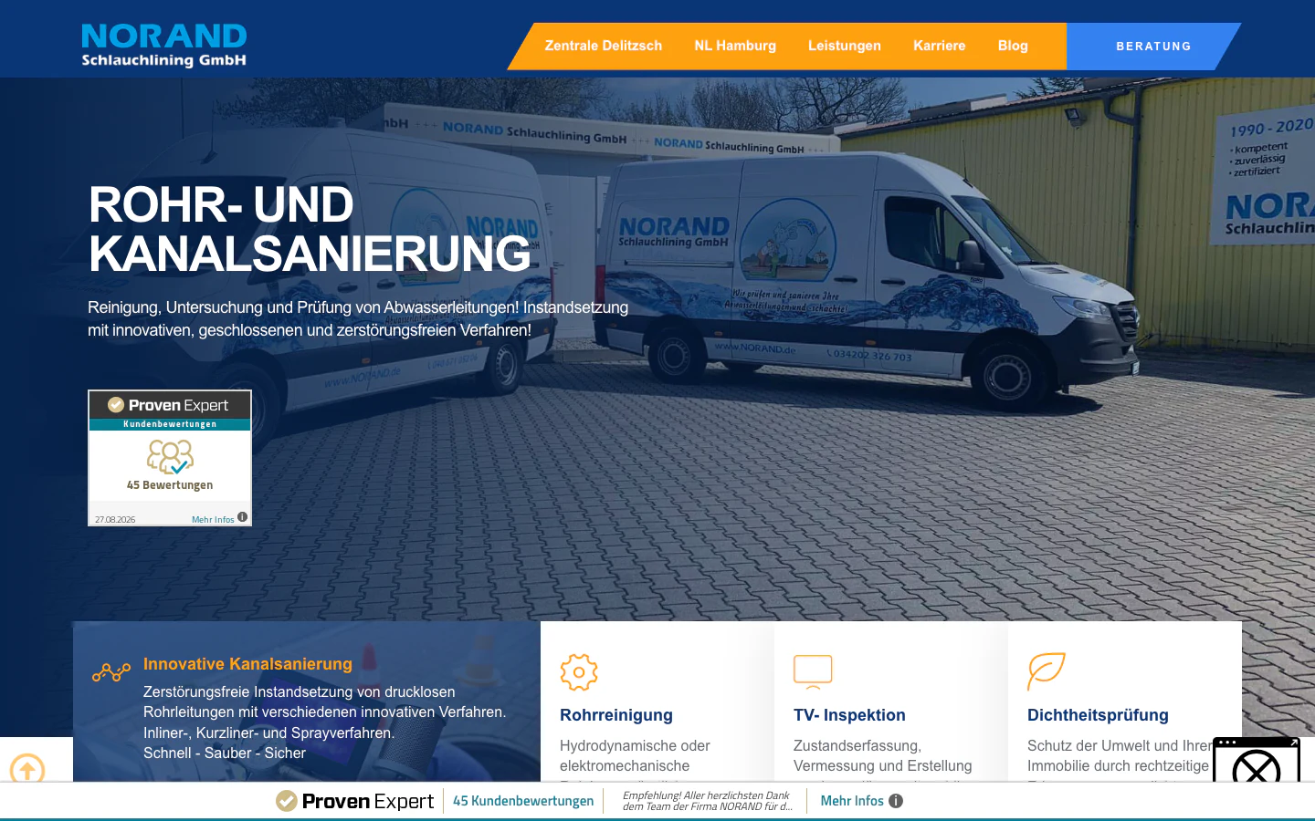 Startseite der Webseite von Norand Schlauchlining GmbH